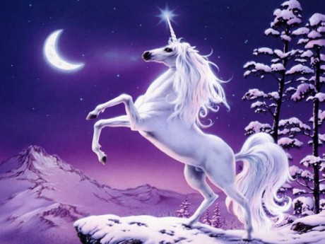 The horn of this powerful unicorn emits sparkling light as the unicorn rises into a majestic pose on top of a snow-covered mountain. The moon bathes the background scenery in romantic purple light.