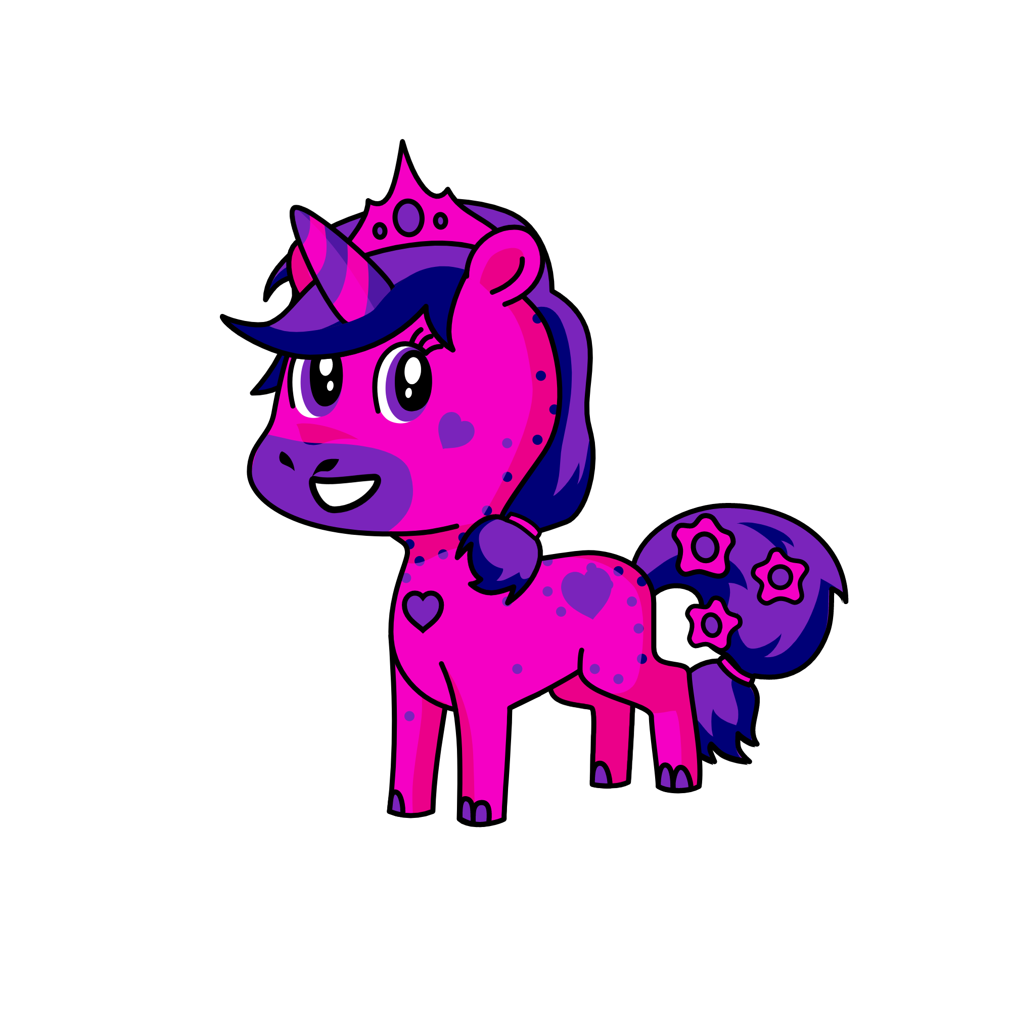 The pink and purple heart princess, the unicorn