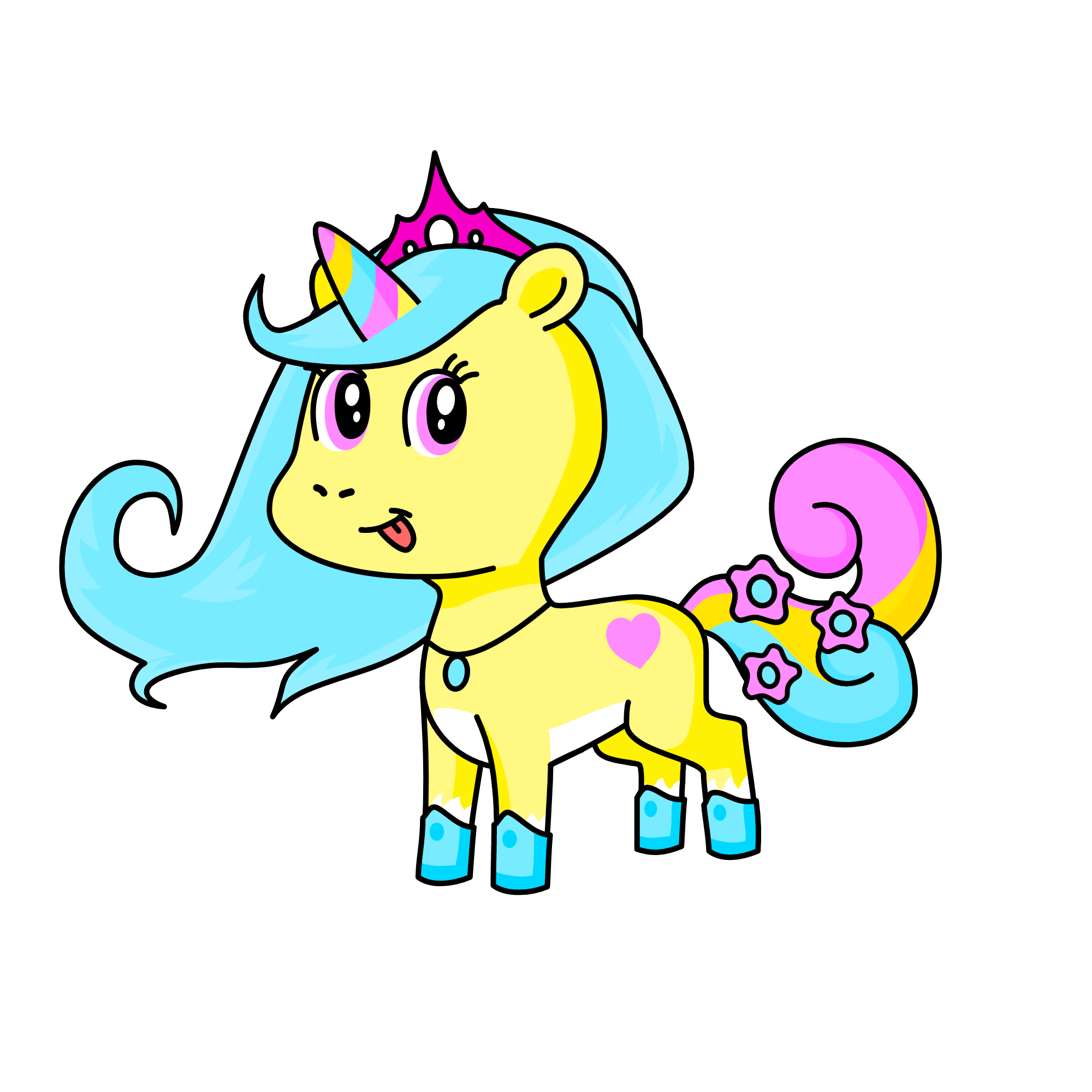 Queen yellow blue pink, the unicorn