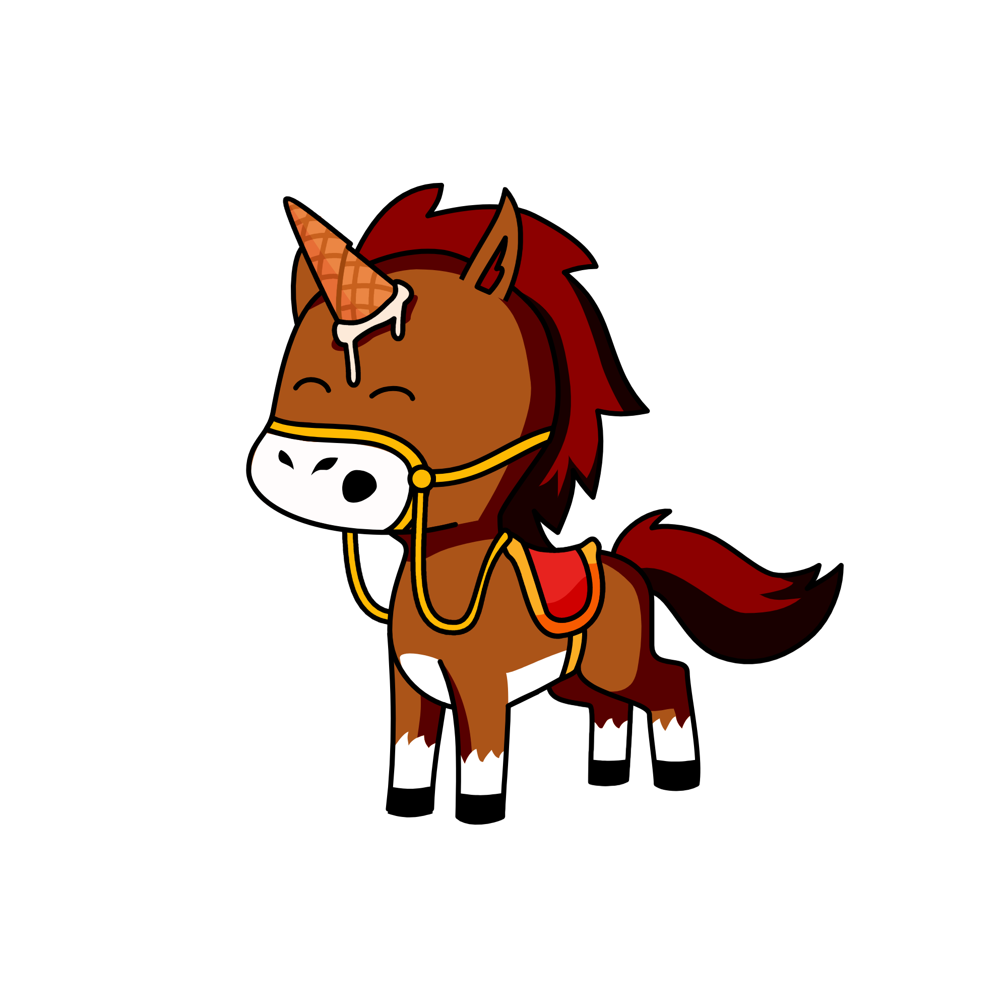 A normal horse with ice cream on their head, the unicorn
